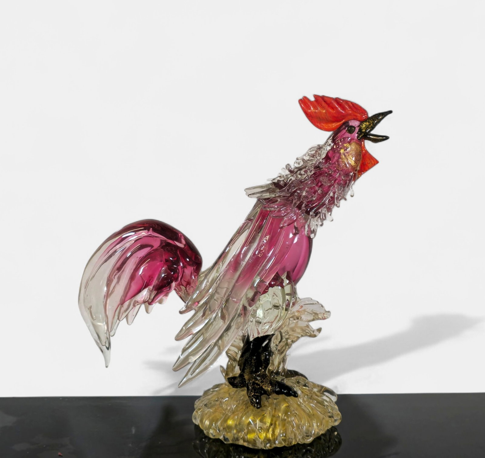 Napoleone Marinuzzi Attribution Rooster: Napoleone Marinuzzi Attribution Rooster. Finely detailed with extended tail feathers and comb, set on a textured glass base. 15w x 7d x 15 1/2h