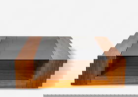 Danish Teak & Smoked Glass Coffee Table: Iconic Mid-Century Modern coffee table. The table features a geometric walnut frame with clean architectural lines and a recessed compartment beneath a smoked glass top, creating a striking sense of d