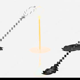 Phil-Mar MCM Floor Lamp: Stylish Mid-Century Modern table lamp featuring a textured ceramic base in mottled green and gold glaze with geometric relief pattern, supporting a walnut pole and an integrated round walnut table sur