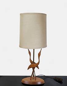 Modeline of California Crane Table Lamp: Mid-century modern table lamp by Modeline of California, featuring sculpted walnut crane figures supporting a central brass stem on a teardrop teak base. Retains original drum shade. A classic example