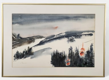 M. Thinnes Watercolor, Ski Lift on Snowscape