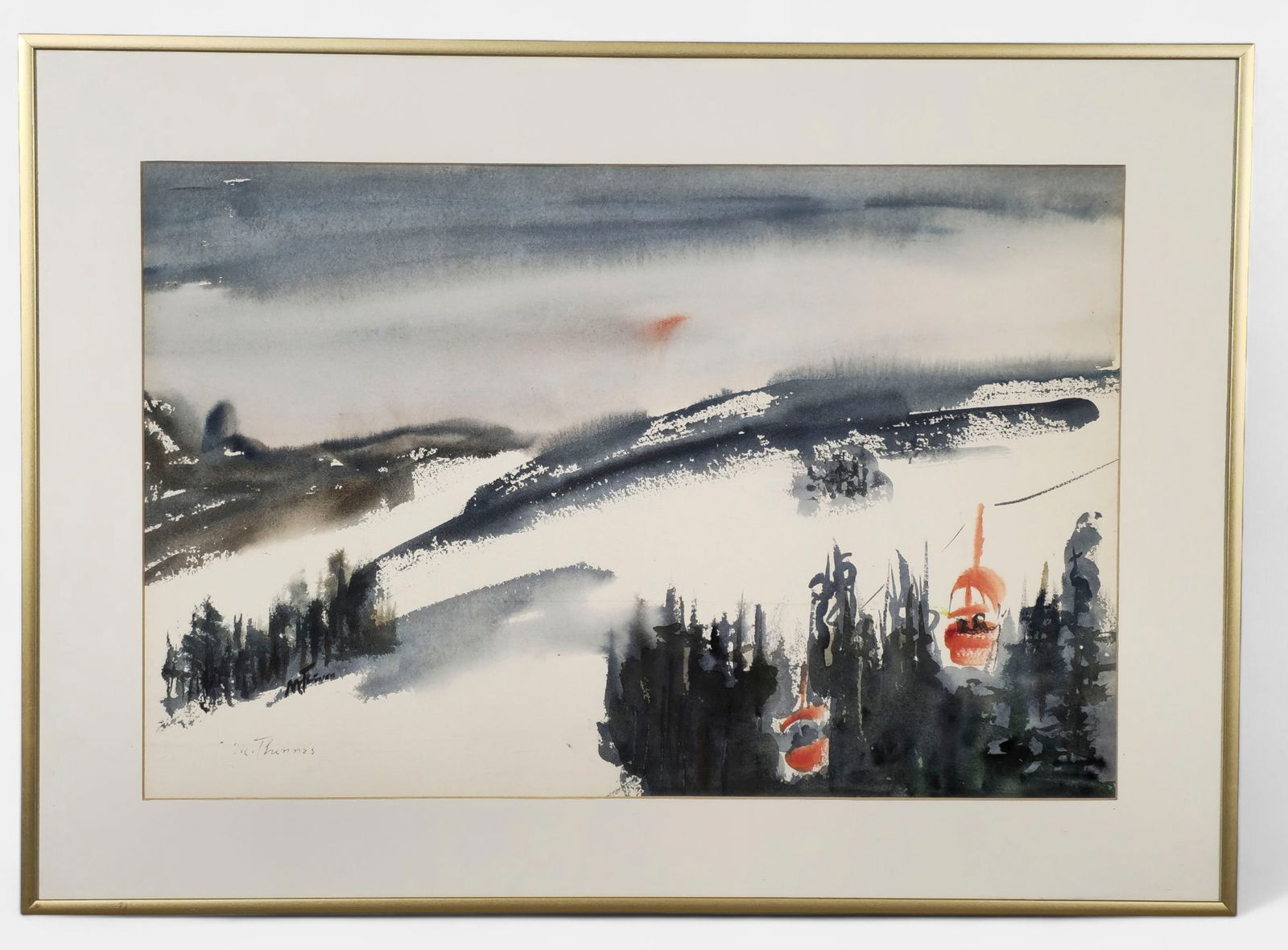 M. Thinnes Watercolor, Ski Lift on Snowscape (1 of 10)