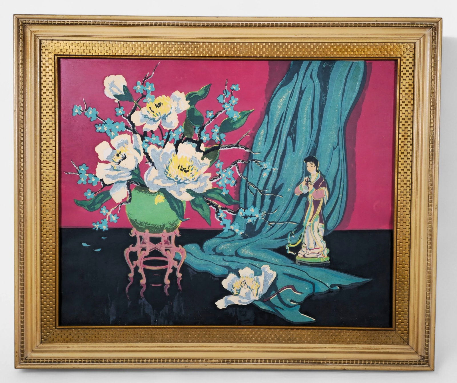 Oil, Still Life of Flower, Figure & Curtain: Oil on board, untitled. Still life of flowers, figure and curtain. Housed in gold frame. Sight- 23 1/2 x 29 1/2 Frame- 30 1/2 x 36 1/2