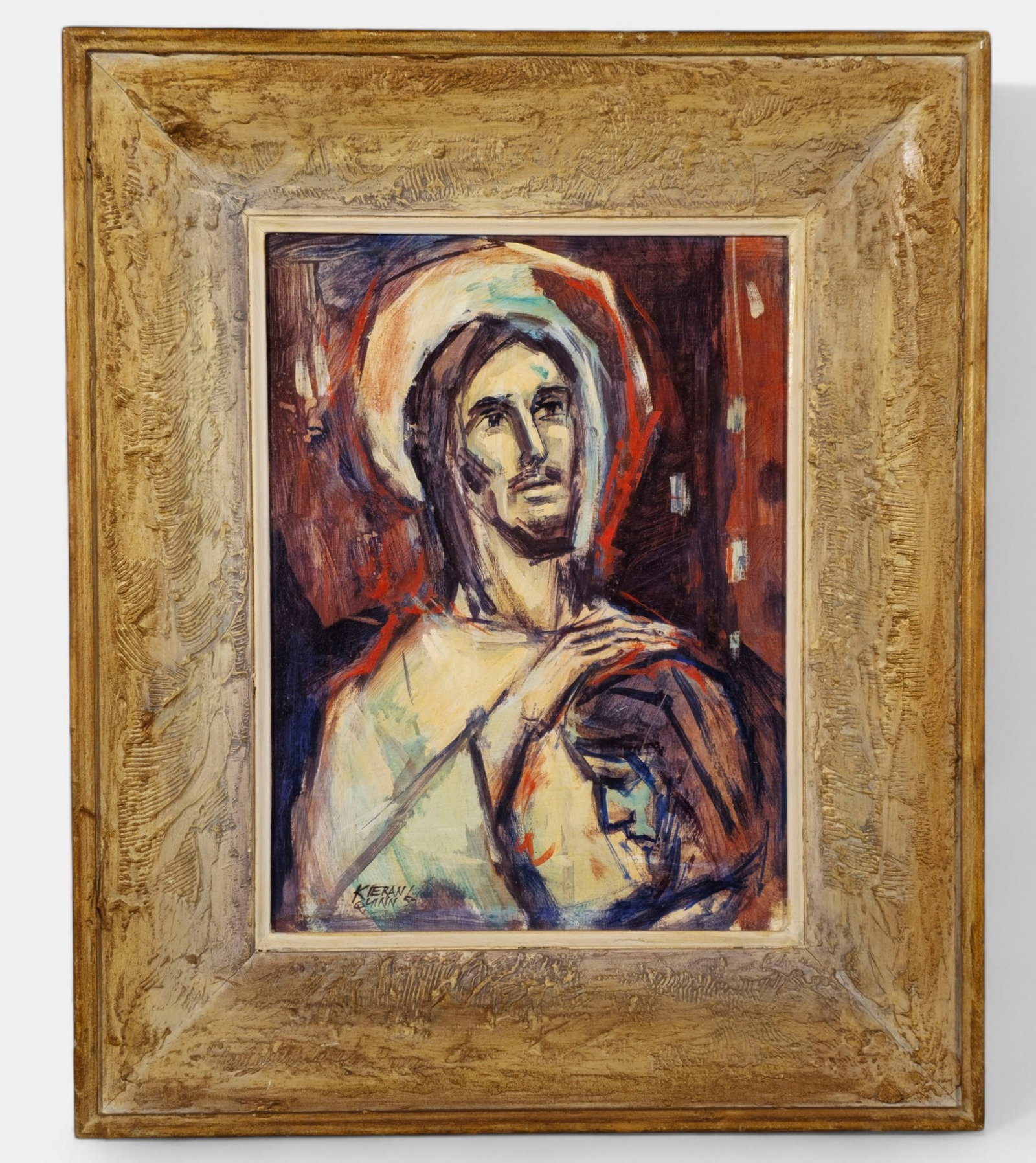 Kieran Quinn Oil on Board Christ the Healer: Expressive mid-century oil on board depicting Christ the Healer, rendered in bold strokes of red, blue, and ochre against a dark background. Signed and dated lower left “Kieran Quinn 57.” 