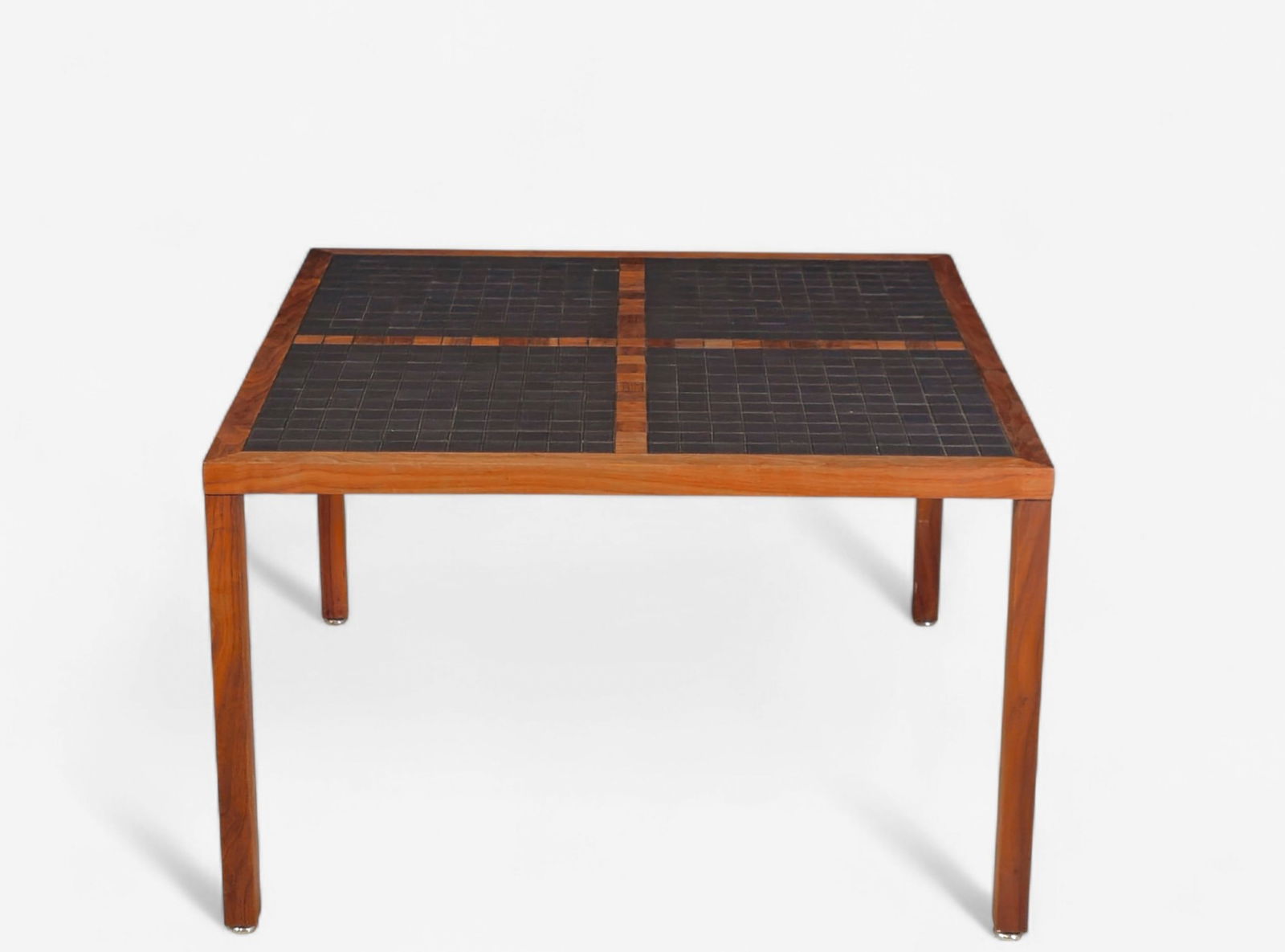 Gordon & Jane Martz Marshall Studios Coffee Table: Mid-Century Modern Danish tile-top coffee table by Gordon & Jane Martz Marshall Studios, featuring a teak frame and legs with a four-panel inset top of small square black ceramic tiles divided by teak