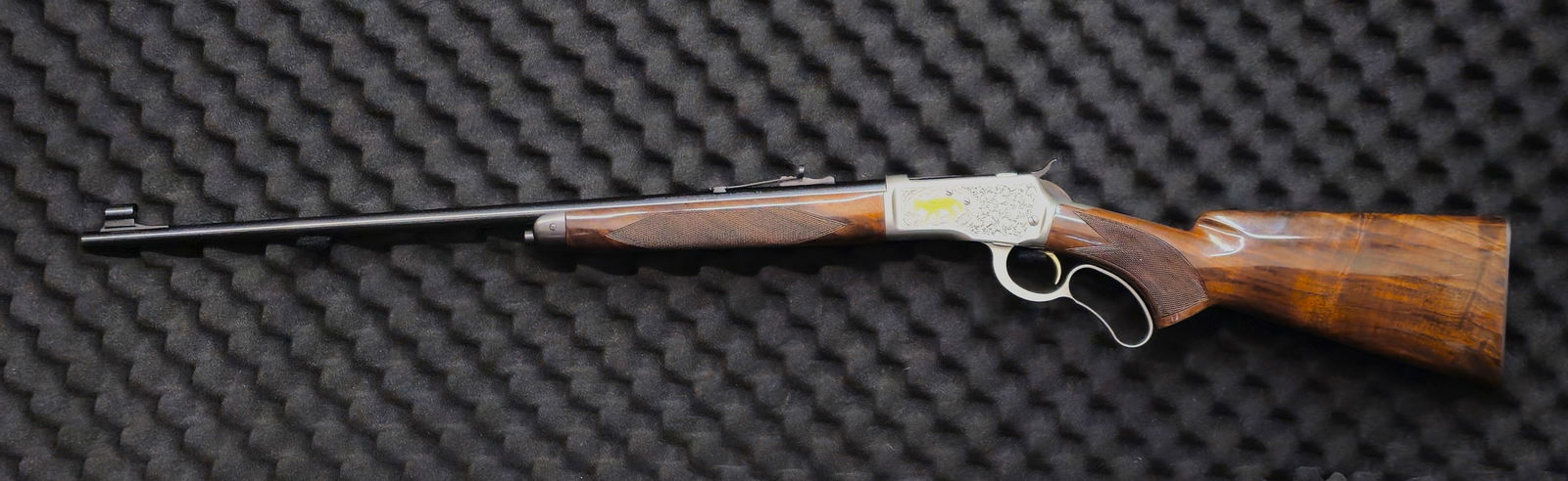 Browning Model 65 Grade VI Lever-action .218 Rifle: Browning Model 65 lever-action rifle. SN 01441PN667.218 Bee, manufactured by Miroku in Japan and marked “Browning Arms Company Morgan, Utah & Montreal P.Q. / Made in Japan.” Features deep scro