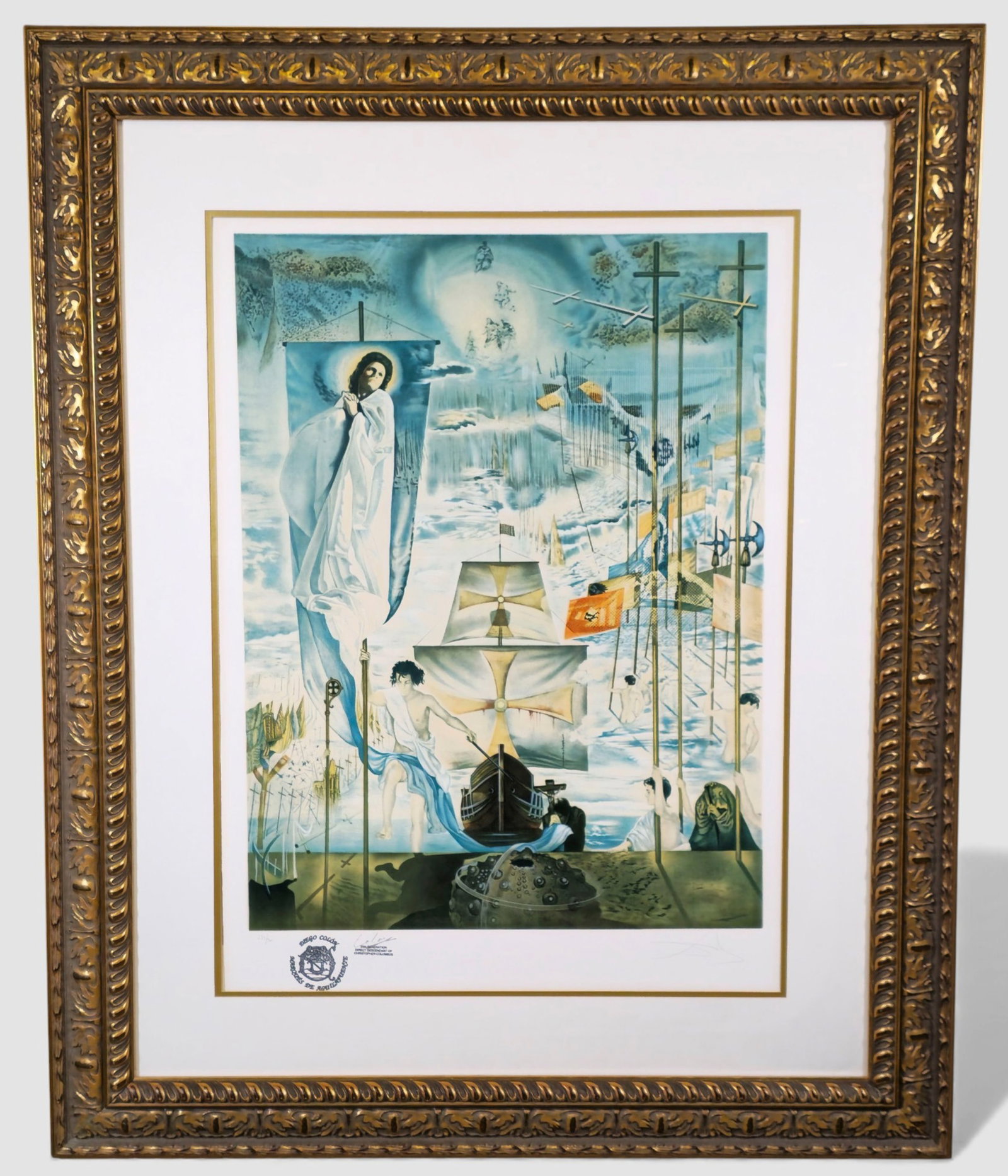 Salvador Dalí " The Discovery of America" Color Lithograph: Salvador Dalí (born 1904, Figueres, Spain) color lithograph after his monumental painting The Discovery of America by Christopher Columbus. The work presents Dalí’s symbolic, surreal interpretatio