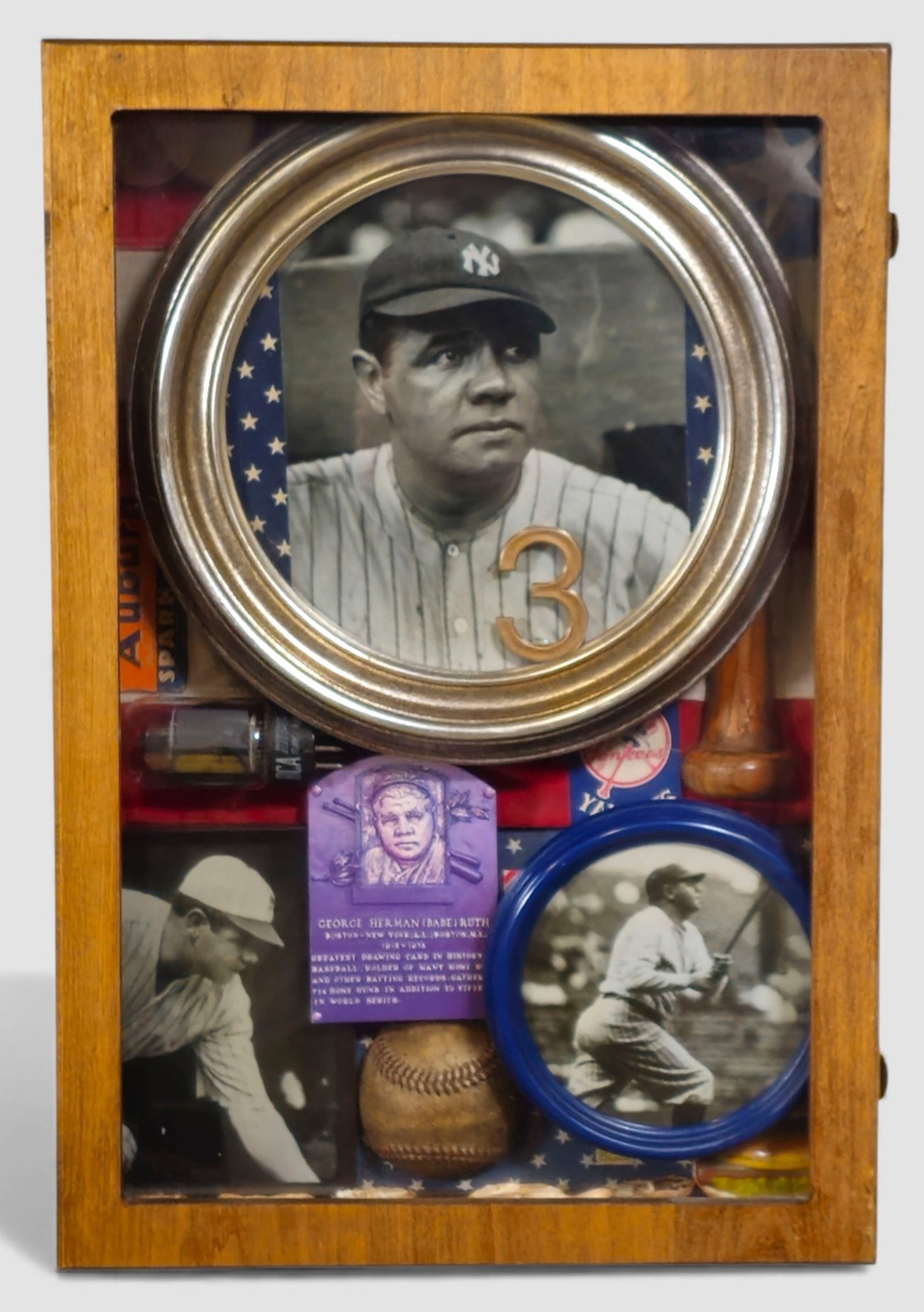 Babe Ruth Collage Shadow Box: Shadow box collage honoring baseball legend Babe Ruth (1895–1948), featuring multiple vintage-style photographs, the iconic number 3, miniature bat and ball, ticket and ephemera elements, and a comm
