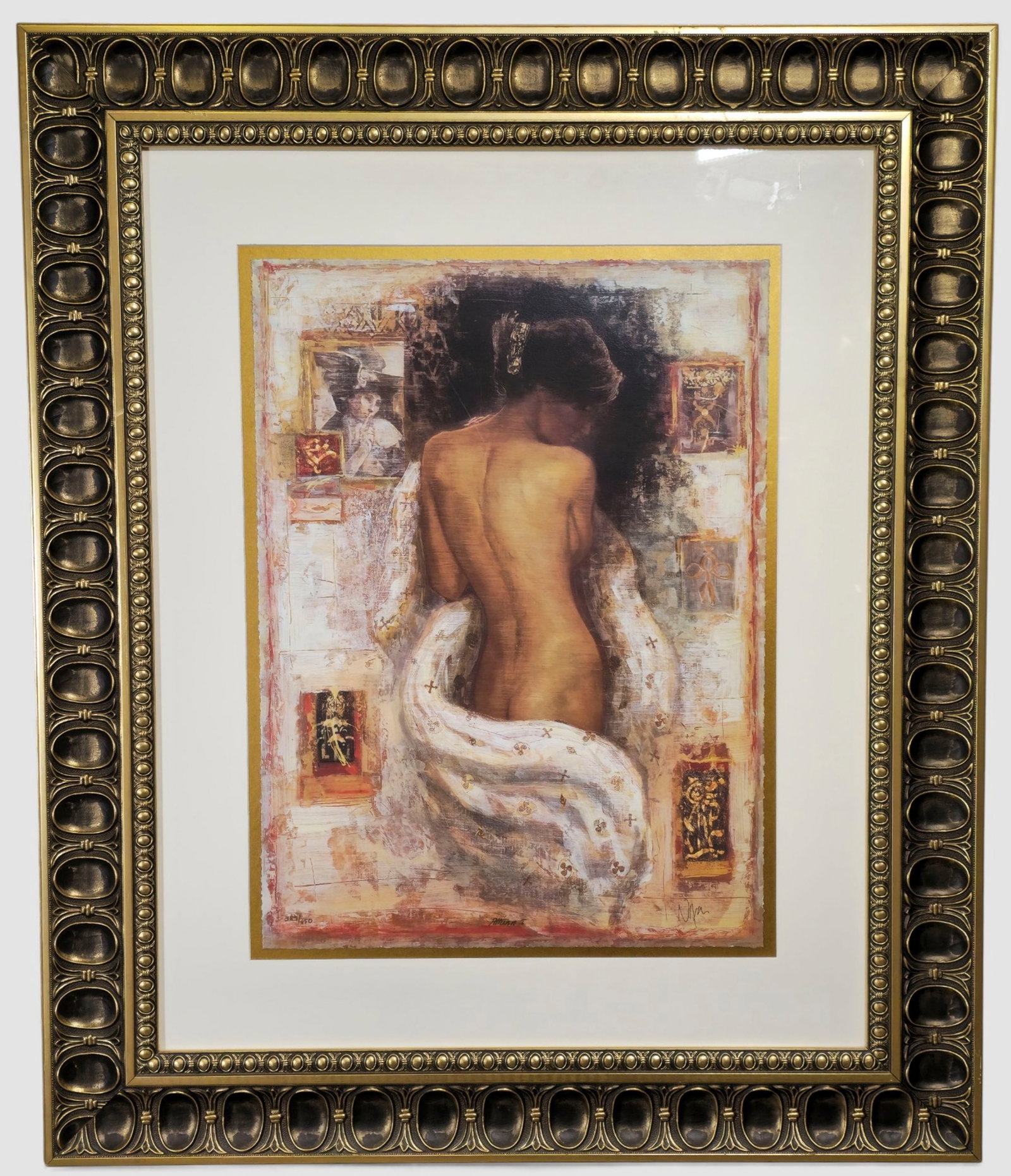 Peter Nixon "Autumn II" Lithograph: Peter Nixon (born 1956, England). Signed limited-edition mixed-media style print Autumn II, depicting a nude female figure seen from the back, surrounded by layered collage-like imagery and warm autum