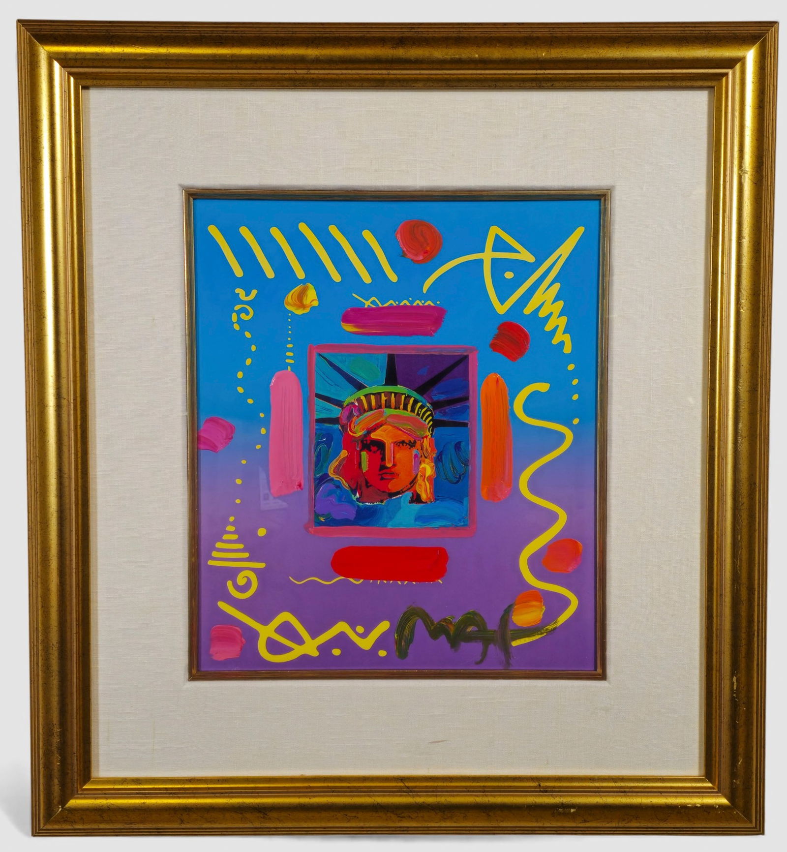 Peter Max "Liberty Head" Mixed Media on Paper: Peter Max (b. 1937, German/American) vibrant mixed-media composition featuring his iconic Liberty Head motif, rendered in bold neon brushstrokes and expressive abstract markings. The work is hand sign