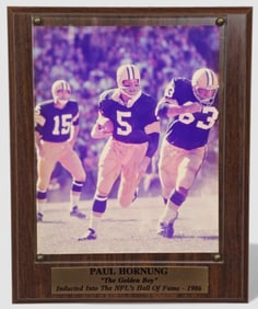 Paul Hornung autographed plaque, “The Golden Boy" Hall of Fame Inductee 1986