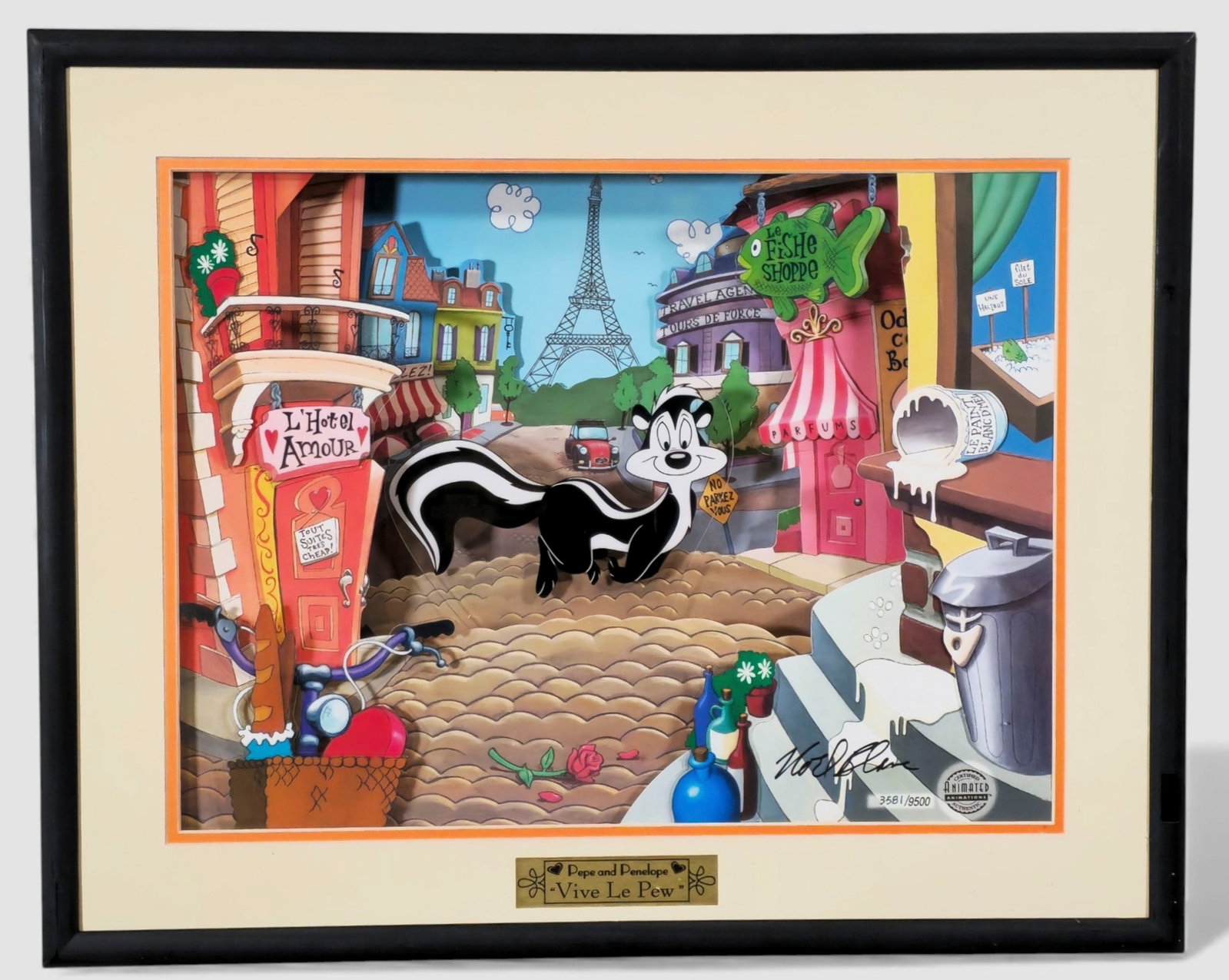 Animated Animations, limited edition Sericel “Vive Le Pew" featuring Pepe & Penelope: Animated Animations, Vive Le Pew, limited edition Sericel featuring Pepe Le Pew strolling through a whimsical Paris street scene, with the Eiffel Tower rising in the background and storefronts, signag