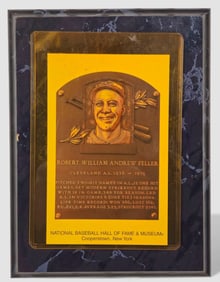 Autographed Bob Feller National Baseball Hall of Fame Plaque Display