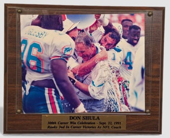 Don Shula – 300th Career Win Celebration, Sept. 22, 1991 autographed photographic plaque