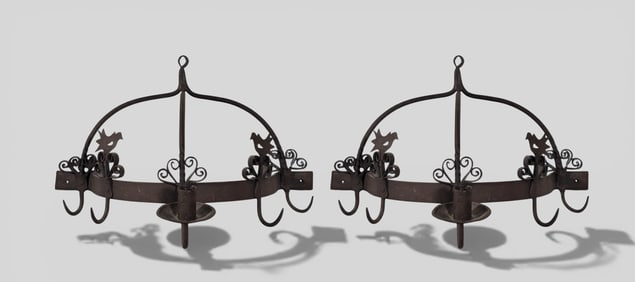 Late 19th Century Folk Art Iron Sconces With Birds