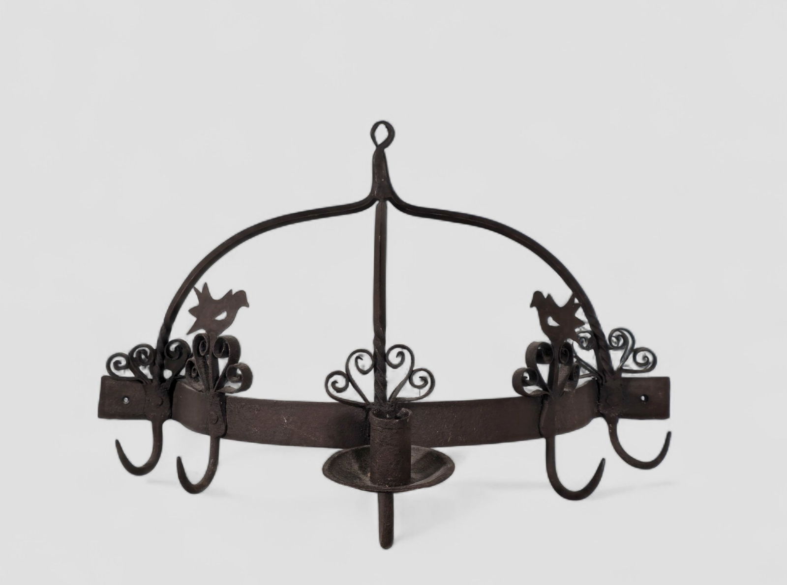 Late 19th Century Folk Art Iron Sconces With Birds: Late 19th Century Folk Art Iron Sconces With Birds. Pair. Circa 1890. Possibly French. Half round form with single arm candle holders. 22w x 13d x 14h.