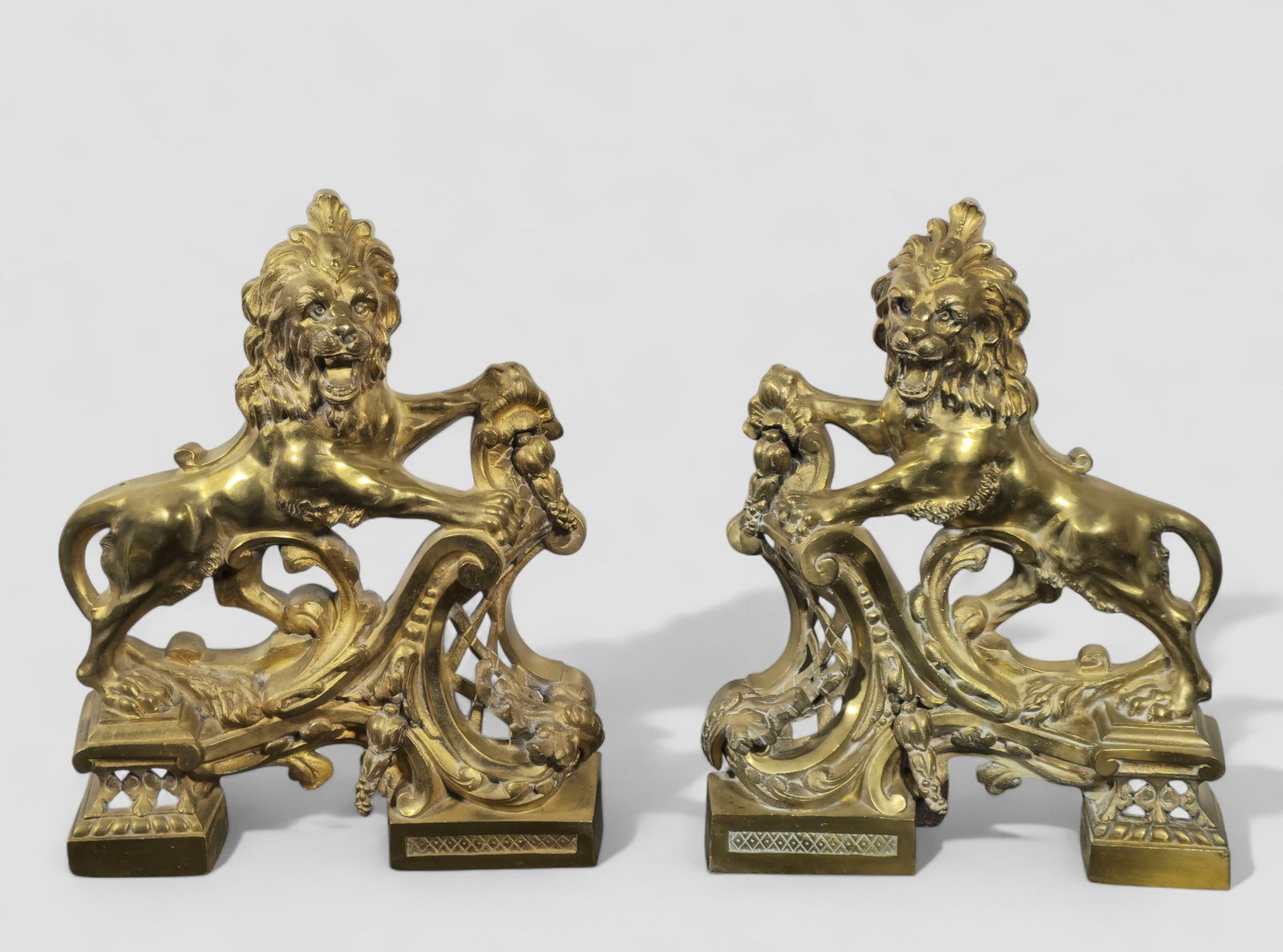 19th Century French Bronze Lion Chenets: 19th Century French Bronze Lion Chenets. Circa 1840-1860. Excellent patina. 13w x 4d x 16 1/2h.