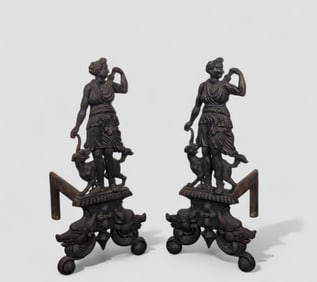 19th Century Diana The Huntress Cast Iron Andirons