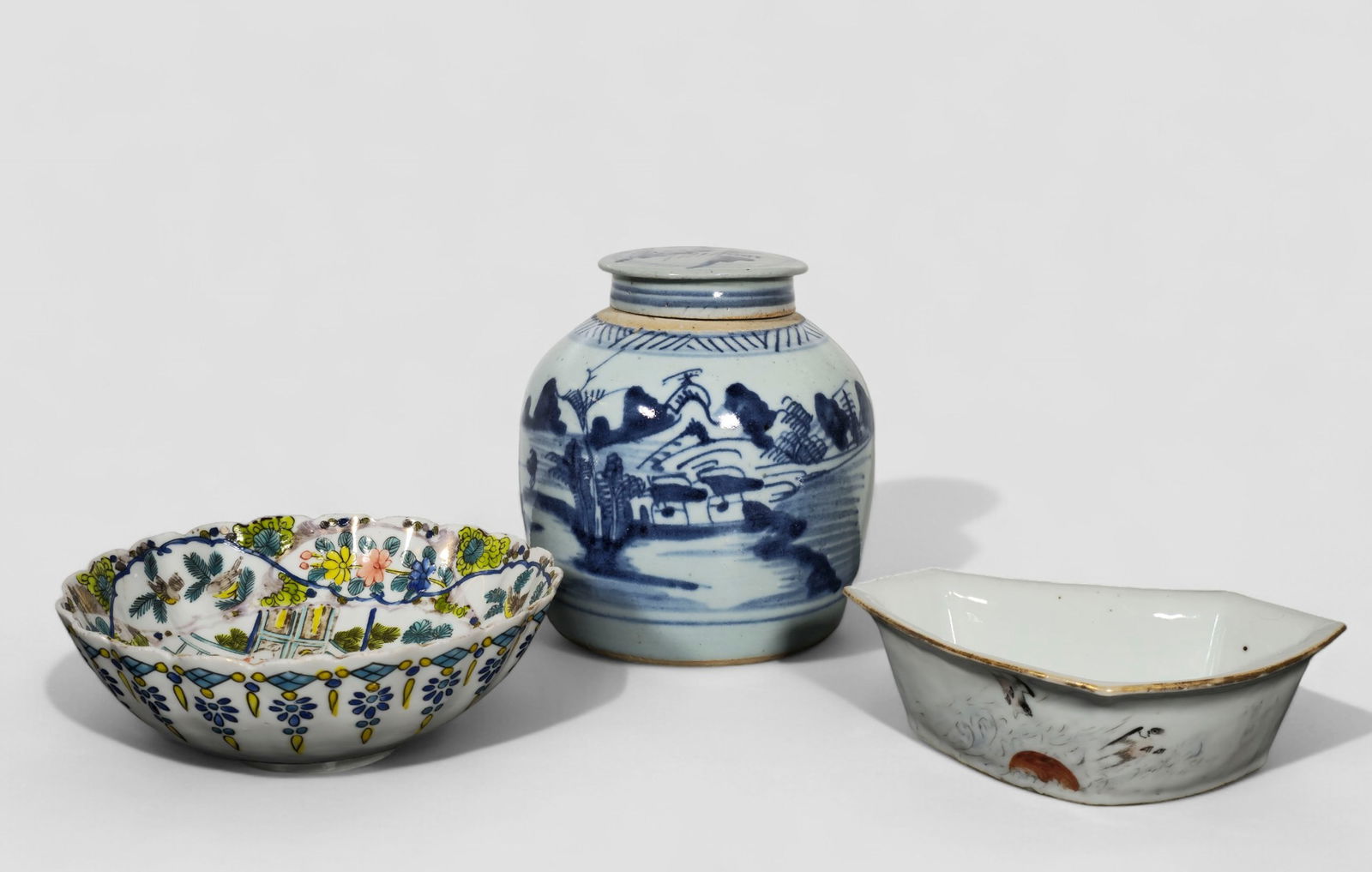 Assembled Chinese Porcelain: Assembled Chinese Porcelain. 3 total pieces: 19th century famille verte with scalloped rim and decorated with figures. 9 dia x 2 5/8h; Blue and white covered ginger jar. 3/4dia x 7h; 19th century