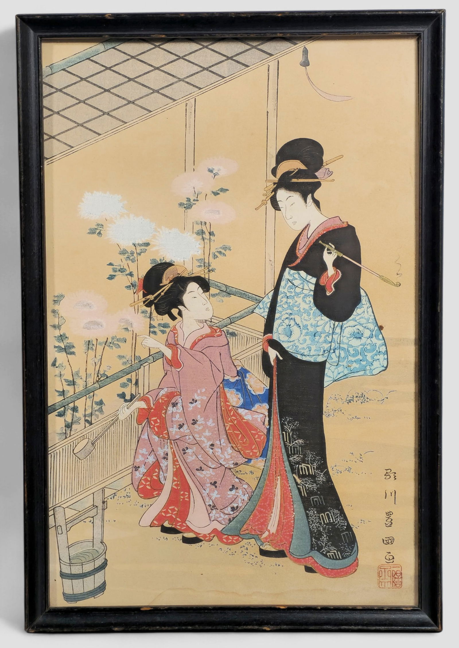 19th Century Japanese Woodblock Print "Bijinga": 19th Century Japanese Woodblock Print "Bijinga". Two ladies in general attire. Signed right lower margin. Image size - 11 5/8 x 7 5/8. Frame - 12 3/4 x 8 5/8.