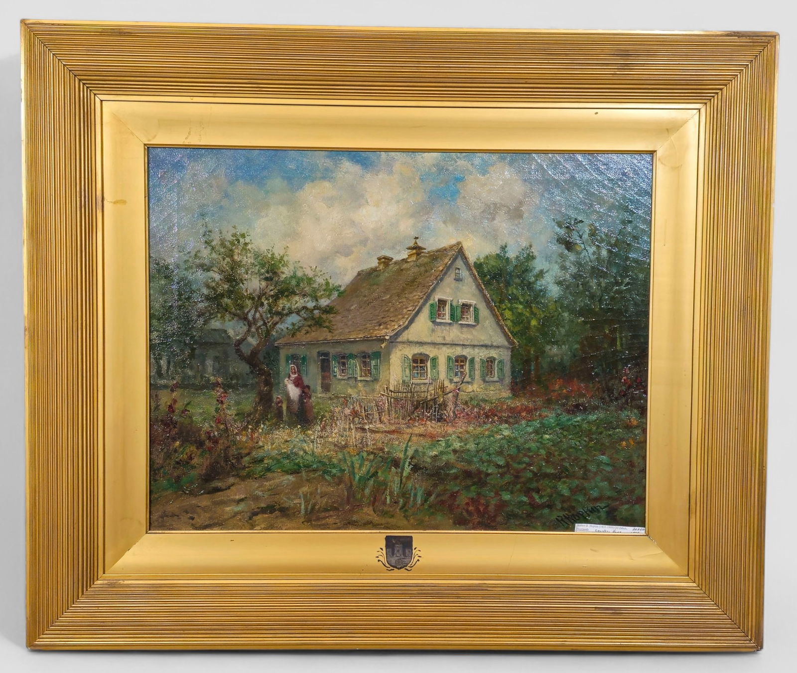 Robert B. Hopkin Oil: Robert B. Hopkin (1832-1909, MI, Scottland) Oil. Oil on canvas, "Country Home." Green landscape background with lady standing left of house. Signed lower right. Sight - 19 1/2 x 25 1/2. Frame - 31 1/2