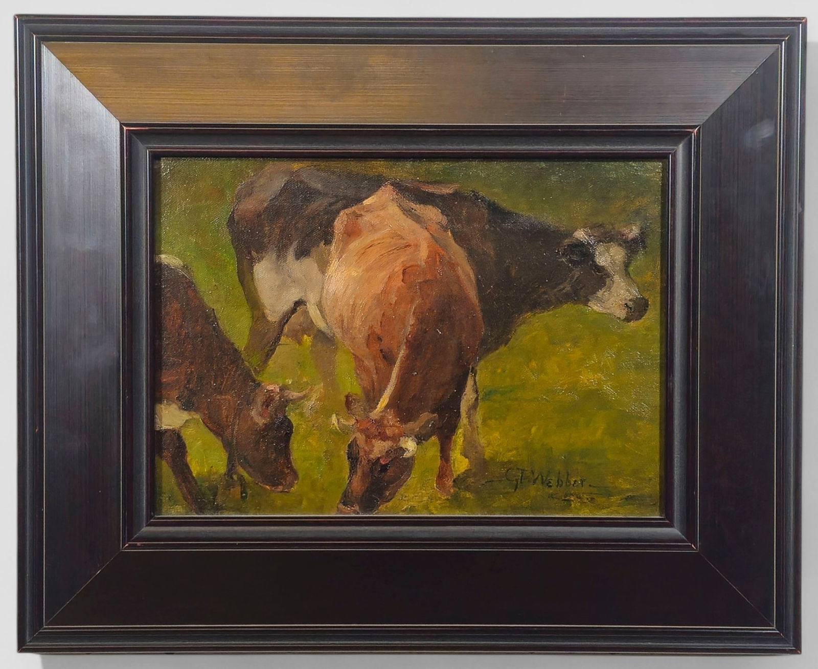 Charles T. Weber Oil: Charles T. Weber (1825-1911, Cincinnati, OH). Oil on board, "Cows." Signed lower right. Housed in ebony frame. Sight - 8 3/4 x 12 3/8. Frame - 15 1/2 x 17 1/4. Provenance: The collection of Don