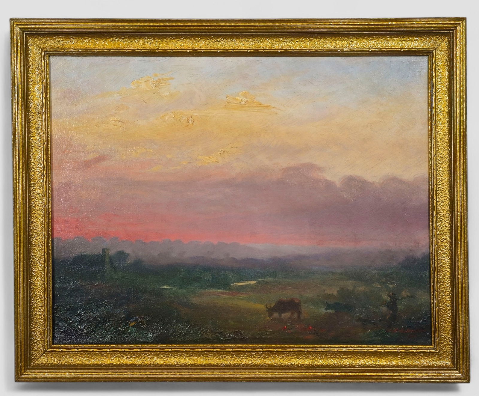 Arthur E. Jewett Oil: Arthur E. Jewett (Born 1873, Cincinnati, OH). Oil on canvas, untitled. Farmer with cattle with sunset landscape. Signed lower right and dated 1900. Sight - 11 3/4 x 14 3/8. Frame - 11 3/4 x 18 1/2.