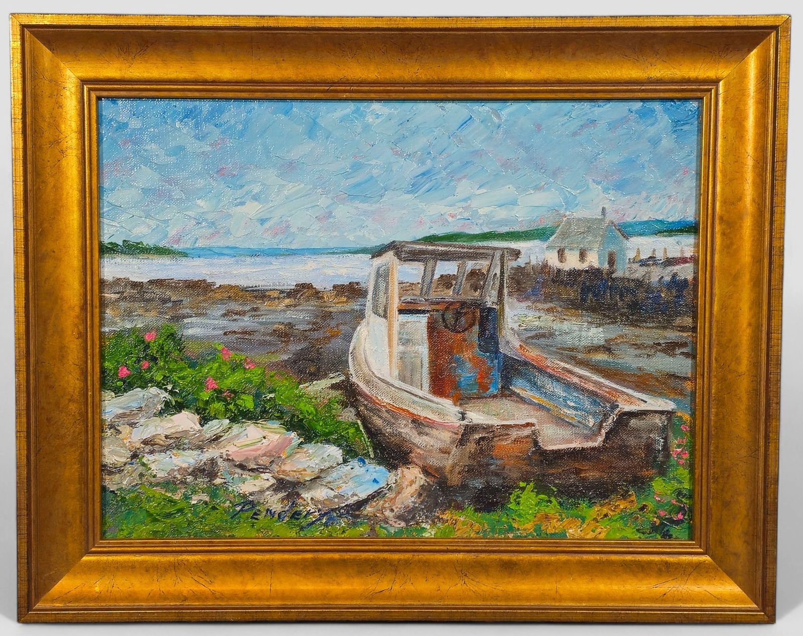 Nancy Pendery Oil: Nancy Pendery (20th/21st Century, Cincinnati, OH). Oil on board, "Beached Forever." Boat stuck on rocky shore. Signed lower margin. Housed in gold frame. Title and signature and date to verso. Sight