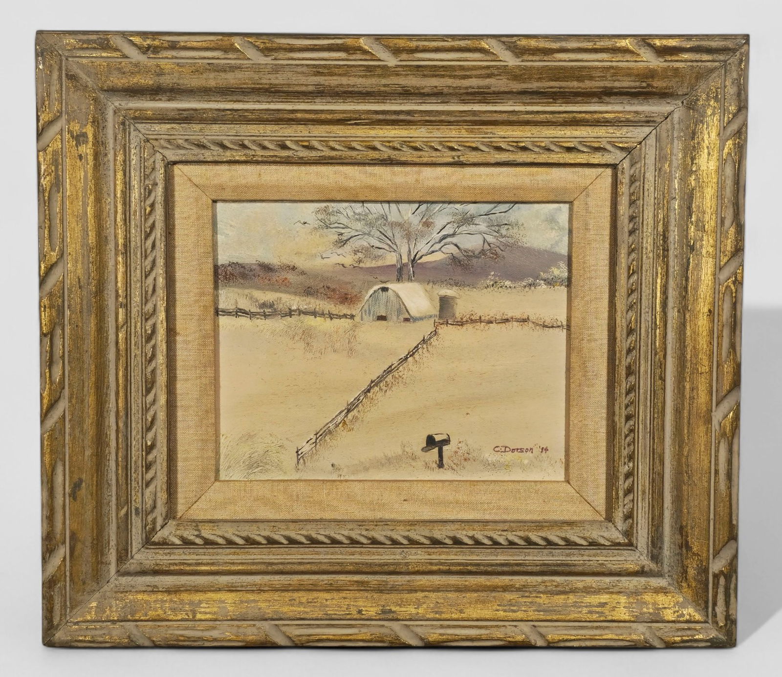 Carol Dotson Oil: Carol Dotson (20th Century, Cincinnati, OH) Oil, Snow Scene on Farm. Oil on canvas, untitled, snow scene on farm. Signed lower right and dated 1889. Sight - 7 1/2 x 9 1/2. Frame - 16 1/4 x 15 1/2.