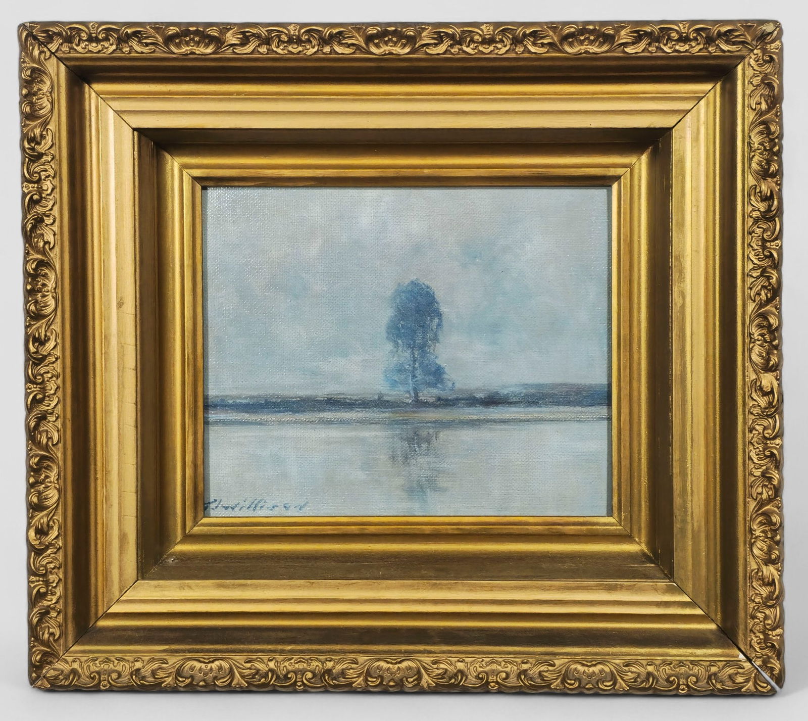 Thomas J. Willison Oil: Thomas J. Willison (1864-1940, OH, KY). Oil on canvas, "Little Miami." Blossomed tree on river shore. Signed lower left. Housed in gold frame. Sight - 8 1/2 x 10 3/4. Frame - 16 1/4 x 18 1/2.