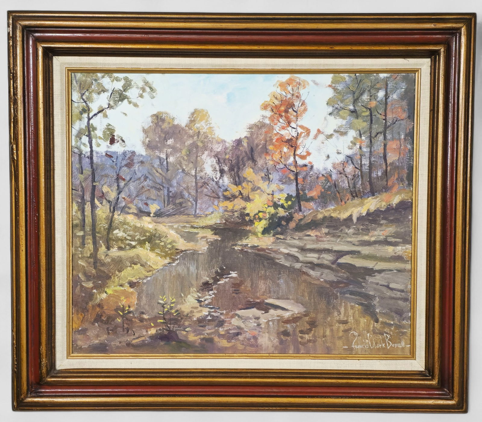 Francis Clark Brown Oil: Francis Clark Brown (1908-1992, IN, IA, CT) Oil on canvas, untitled, woodland stream. Signed lower right. Housed in original frame. Sight - 19 1/2 x 23 1/2. . Frame - 27 3/4 x 32.