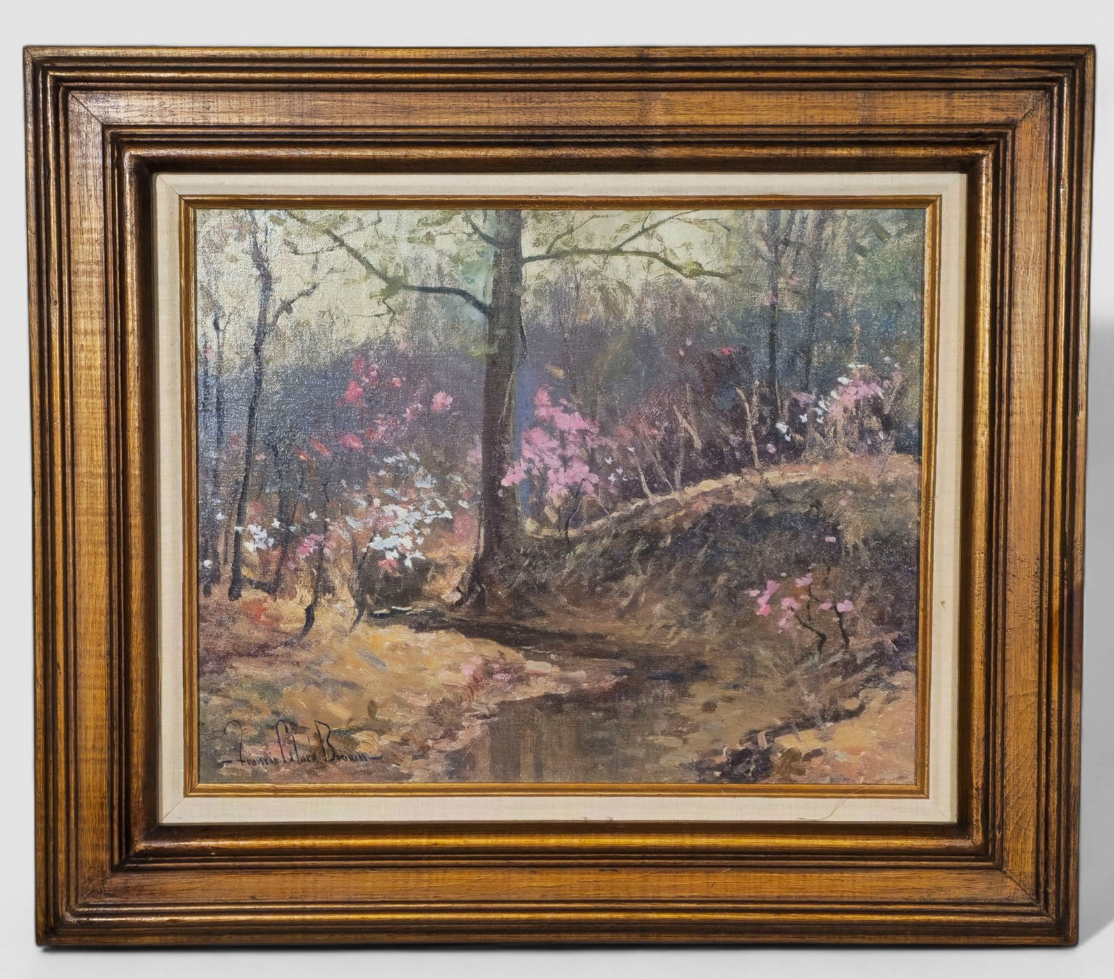 Francis Clark Brown Oil: Francis Clark Brown (1908-1992, IN, IA, CT) Oil on canvas, untitled, woodland stream. Signed lower right. Housed in original frame. Sight - 15 3/4 x 19 1/2. Frame - 24 1/2 x 28 1/2.