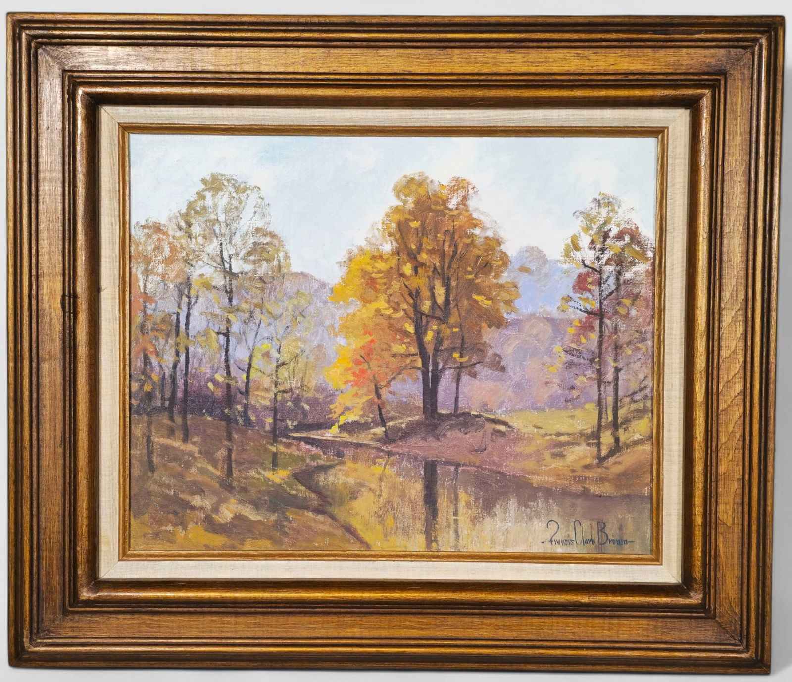 Francis Clark Brown Oil: Francis Clark Brown (1908-1992, IN, IA, CT) Oil on canvas, untitled, woodland stream. Signed lower right. Housed in original frame. Sight - 15 1/2 x 19 1/2. Frame - 24 x 28.