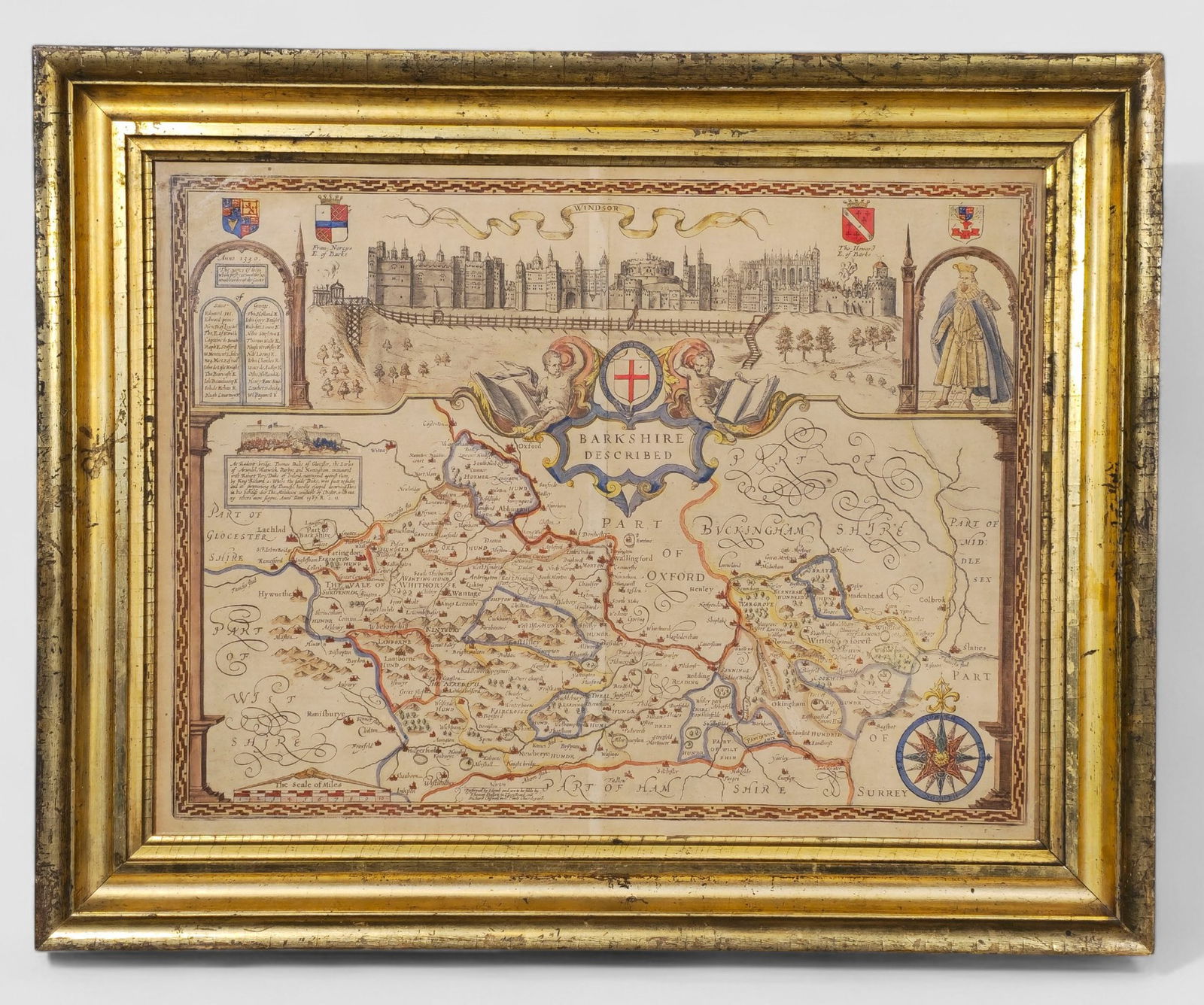 17th Century Hand Colored Map of Berkshire, England by John Speed: 17th Century Hand Colored Map of Berkshire, England by John Speed. Circa mid 17th century. Portrays the historical boundaries and geography of the country in intricate details. Housed in fine