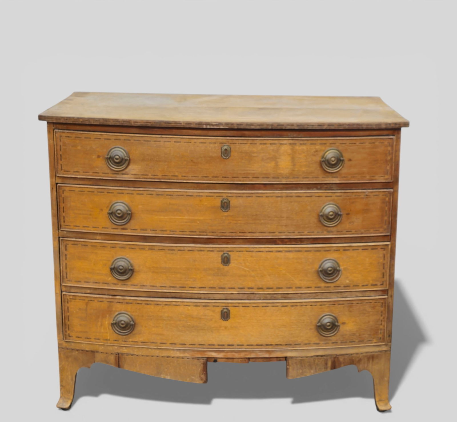 Period New Hampshire Federal Mahogany Inlay Bow Front Chest: Period New Hampshire Federal Mahogany Inlay Bow Front Chest. Dresser. Circa 1780-1800. Slight over hang top over 4 graduated drawers. Original brasses with embossed American eagles. Beautiful mixed
