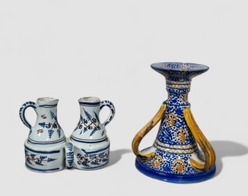 18th Century Delft Grouping, Cruets & Candlestick