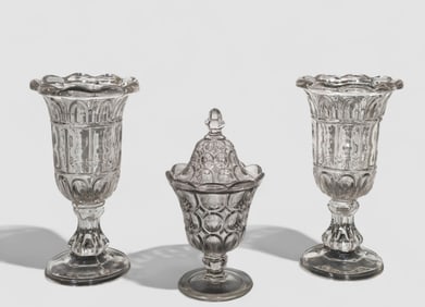 19th Century Flint Glass Celery Holders & Moon Pattern Glass Compote