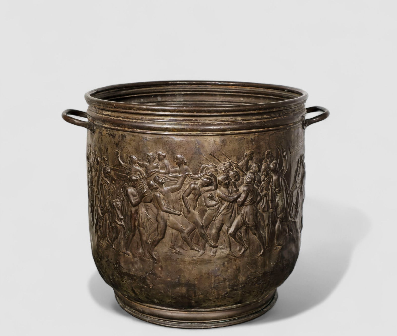 Larger 19th Century Copper Bacchanal Planter or Wine Cooler: Larger 19th Century Copper Planter or Wine Cooler. Circa 1890. High relief bacchanal scene. Original handles and excellent patina. 20 w x 16 1/4 d x 16 h.