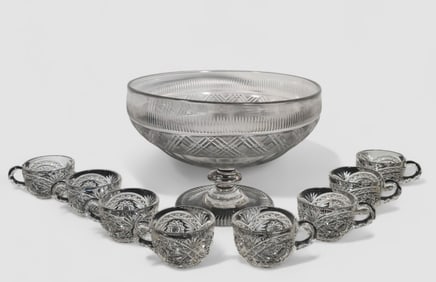 19th Century Handblown Crystal Diamond Cut American Punchbowl
