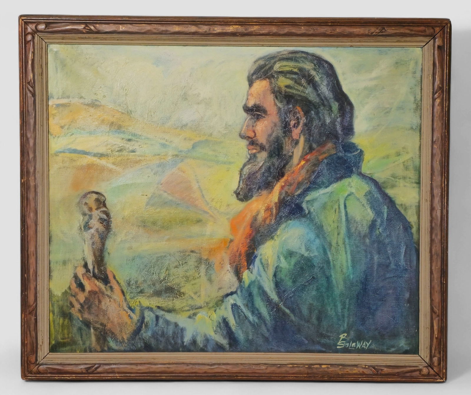 Reta Soloway Oil: Reta Soloway (Born 1911) (NY, District of Columbia) Oil on canvas, untitled. Moses. Signed lower right and housed in molded frame. Sight - 29 1/4 x 35 1/4, frame - 35 x 40 1/2.