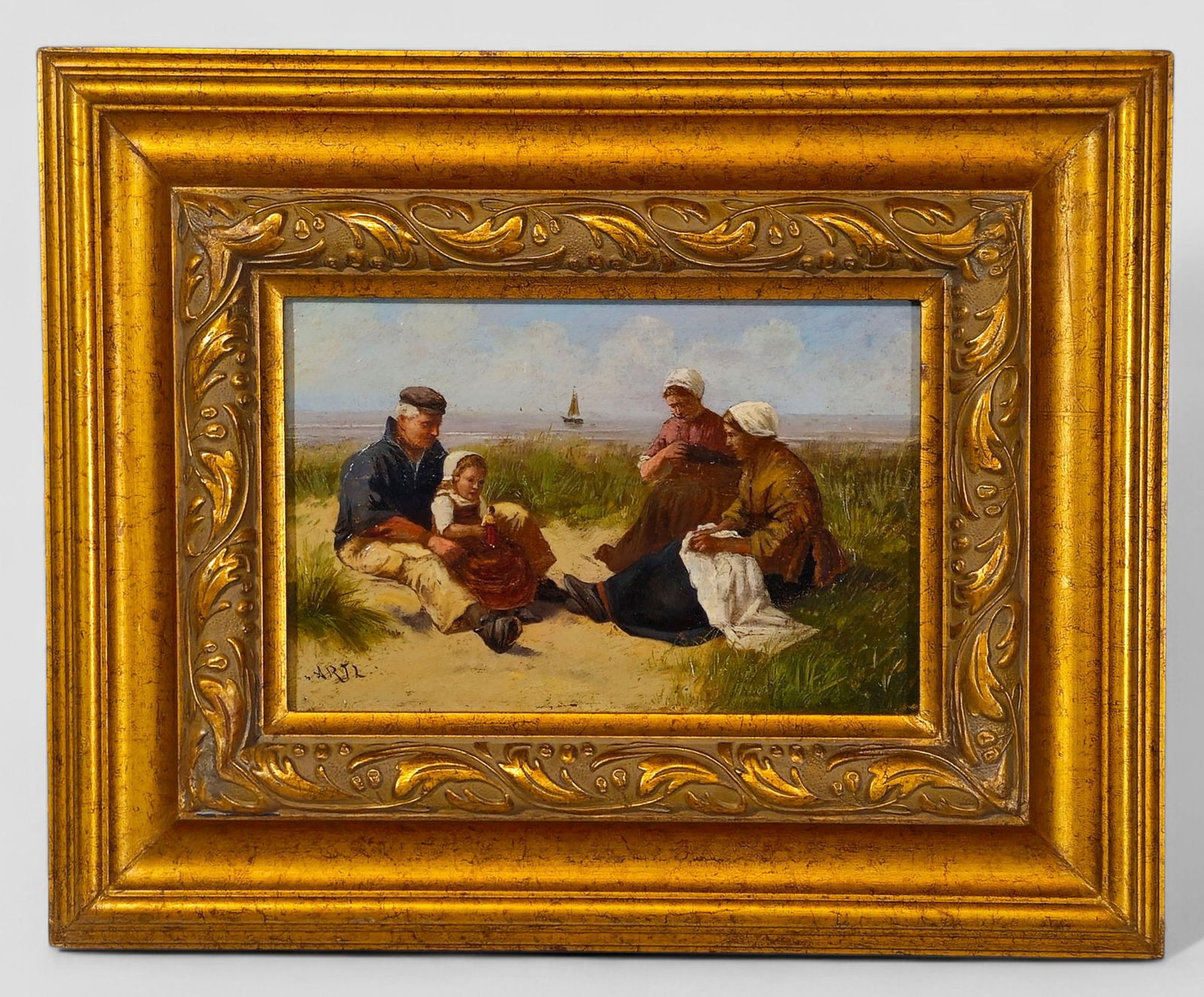 David Adolph Constant Artz Oil: David Adolph Constant Artz (1837-1890, Netherlands, France) Oil, untitled. Family on an beach. Signed lower left. Housed in gold frame. Sight - 6 3/4 x 10. Frame - 14 1/2 xx 18.