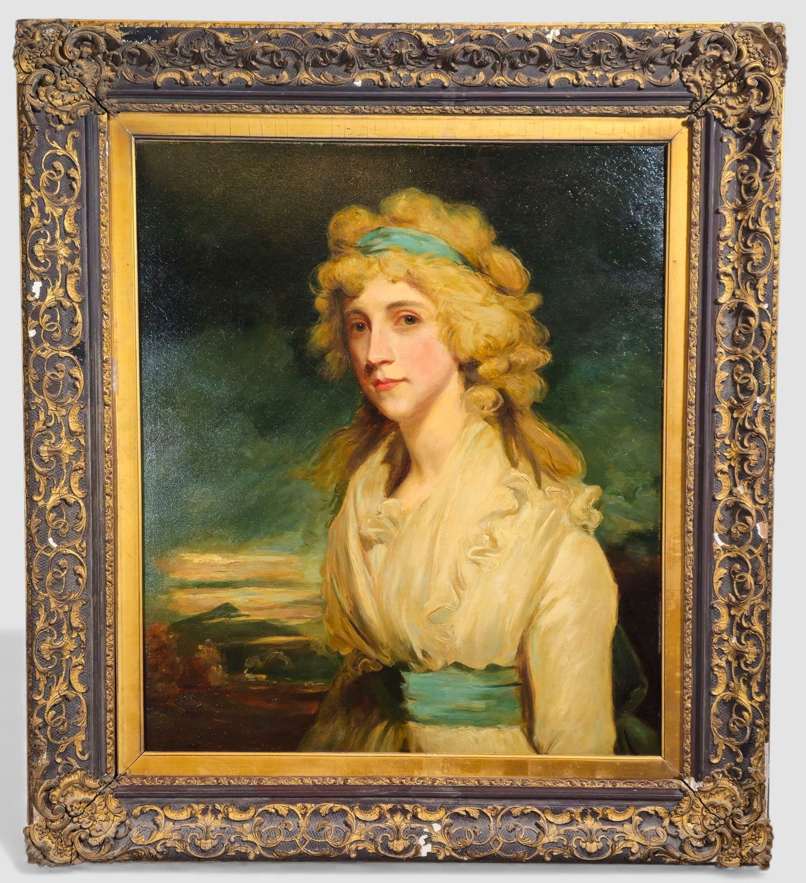 After Gilbert Stuart 19th Century Oil, Portrait of Elizabeth Beale Bordley: After Gilbert Stuart oil on canvas, 19th century. Portrait of Elizabeth Beale Bordley. Housed in 1920s elaborate frame. Sight - 28 x 23 1/2. Frame - 37 1/4 x 33 1/2.