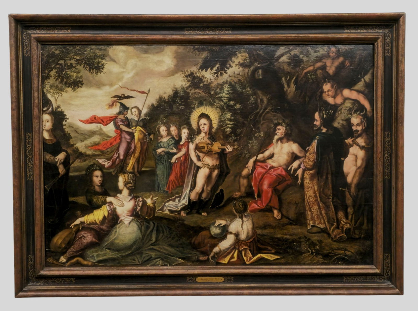 Oil Painting on Panel The School of Hendrik Goltzius: Hendrick Goltzius (1558-1617) Dutch school "Allegory of Apollo Patron of Music and the Arts." He was an Haarlem Bldemert, and witewael. Was a leading exponent of the school known as Mannerist. Oil on