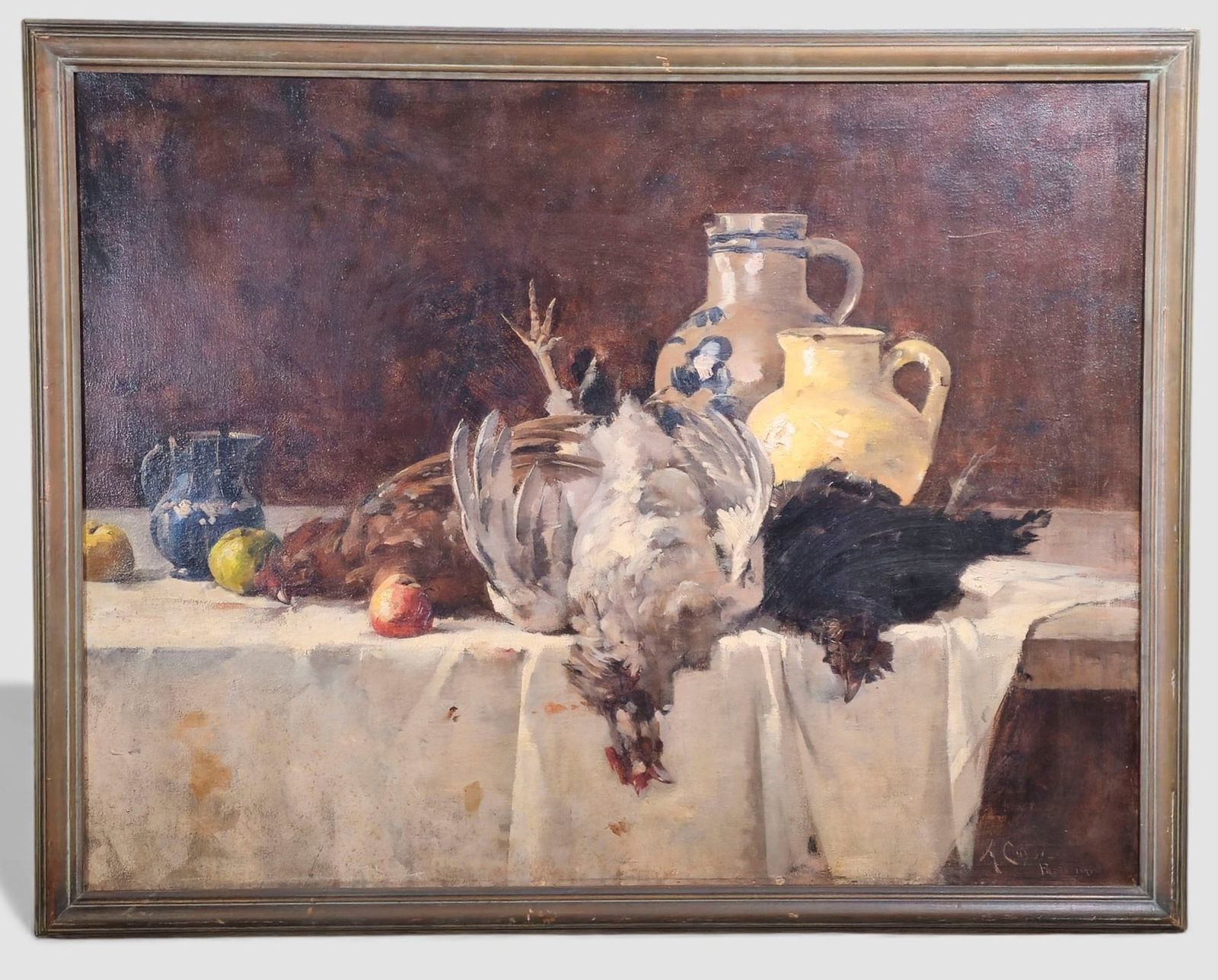 A. Cuzsi 19th Century Oil: A. Cuzsi oil on canvas, untitled. Table top still life of stoneware. Jugs, game birds and fruit. Signed and dated 1891 Paris lower right. Sight - 34 1/2 x 43. Frame - 39 x 49 1/2.
