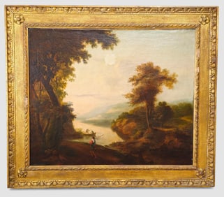 18th Century Oil, French River Scene, Figures in Boat