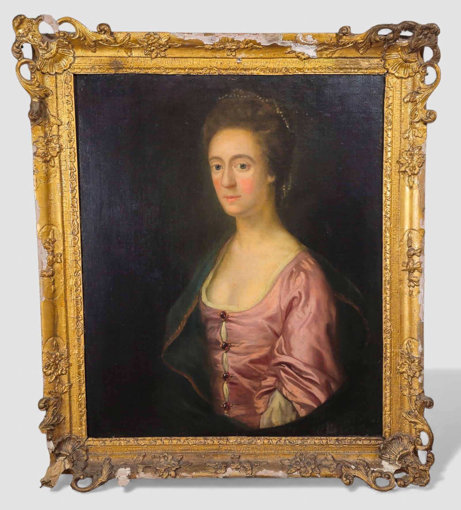 18th Century Portrait of France Alicia Bennet: 18th Century Portrait of France Alicia Bennet (b. 1749). Oil on canvas, circa 1790-1800. Half-length portrait of Lady Bennet in red blouse and blue cape. Housed in 1890 frame. (As -is). Sight - 29