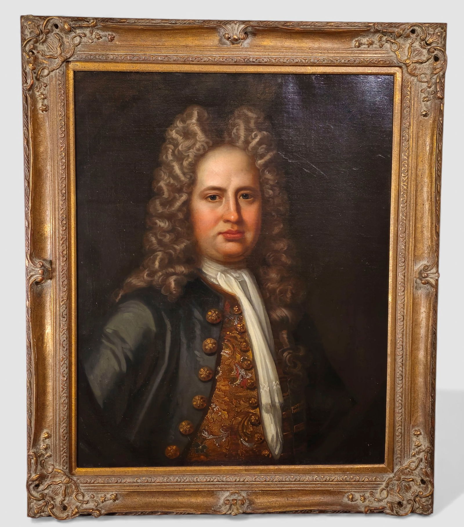 Late 18th Century Portrait of a Gentleman: Late 18th Century Portrait of a Gentleman. Oil on canvas attributed to the English school. Circa 1770. Housed in molded gesso frame. Sight - 29 1/4 x 23. Frame - 36 3/4 x 30 3/4.