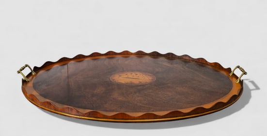 Edwardian Oval Mahogany Pie Crust Inlaid Tray