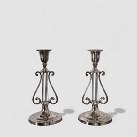 Lyre Form Silver on Brass Candlesticks