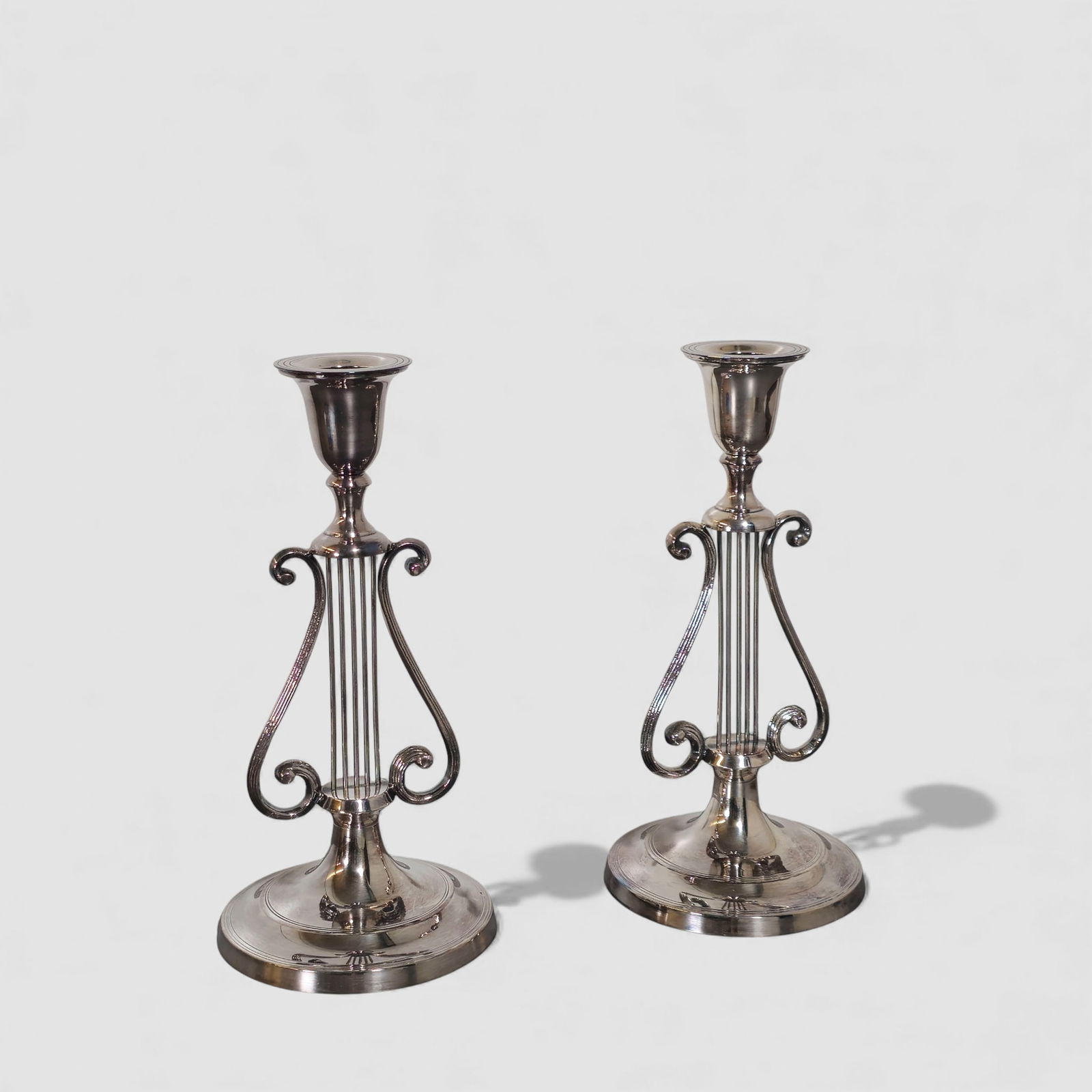 Lyre Form Silver on Brass Candlesticks - 2
